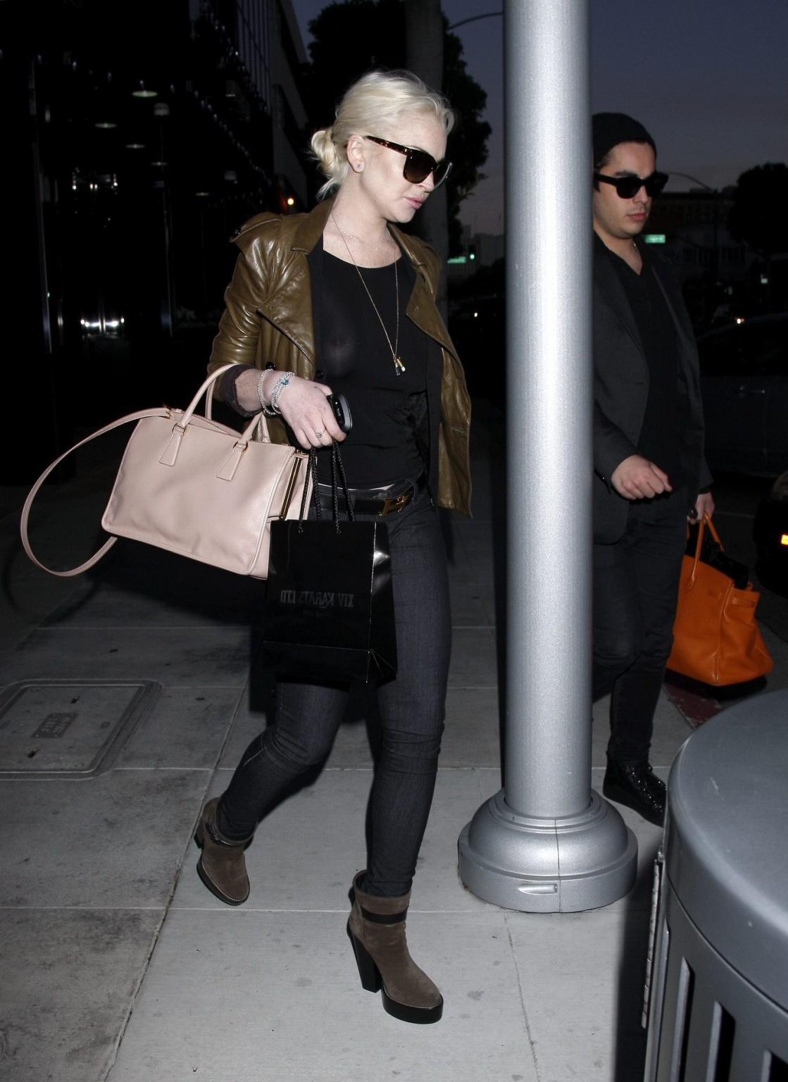 16P Lindsay Lohan braless wearing see through top outside '14 Karat' in LA