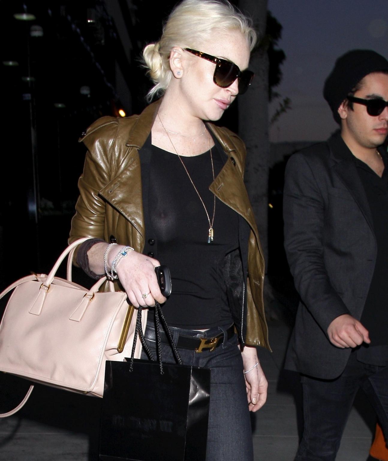 16P Lindsay Lohan braless wearing see through top outside '14 Karat' in LA