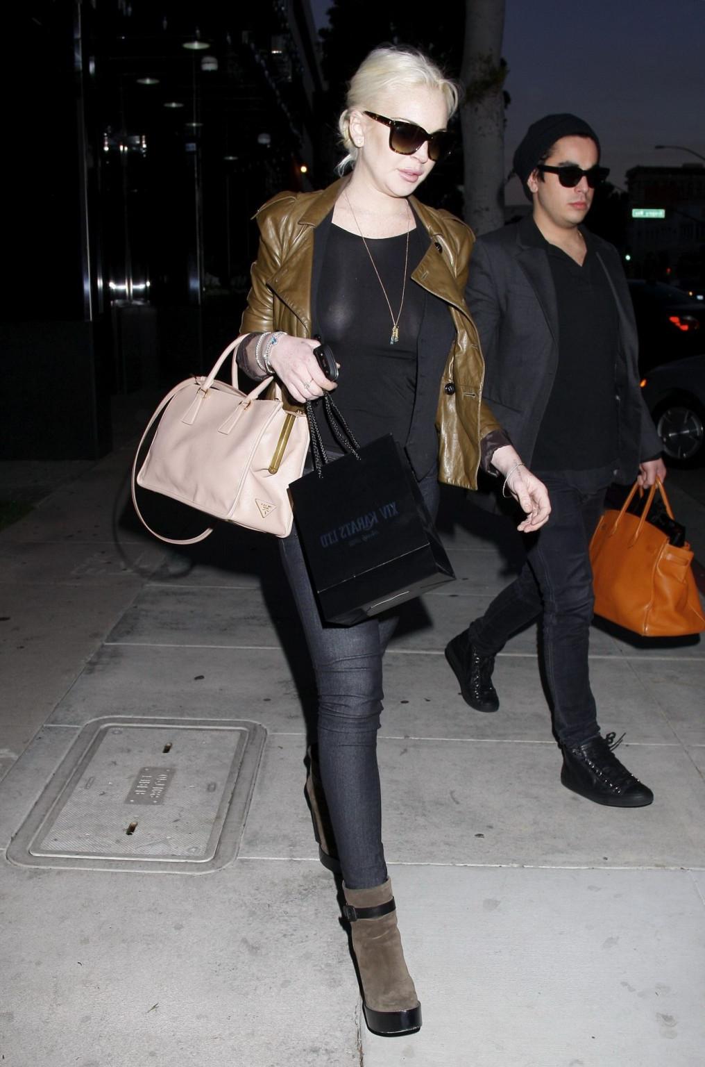 16P Lindsay Lohan braless wearing see through top outside '14 Karat' in LA