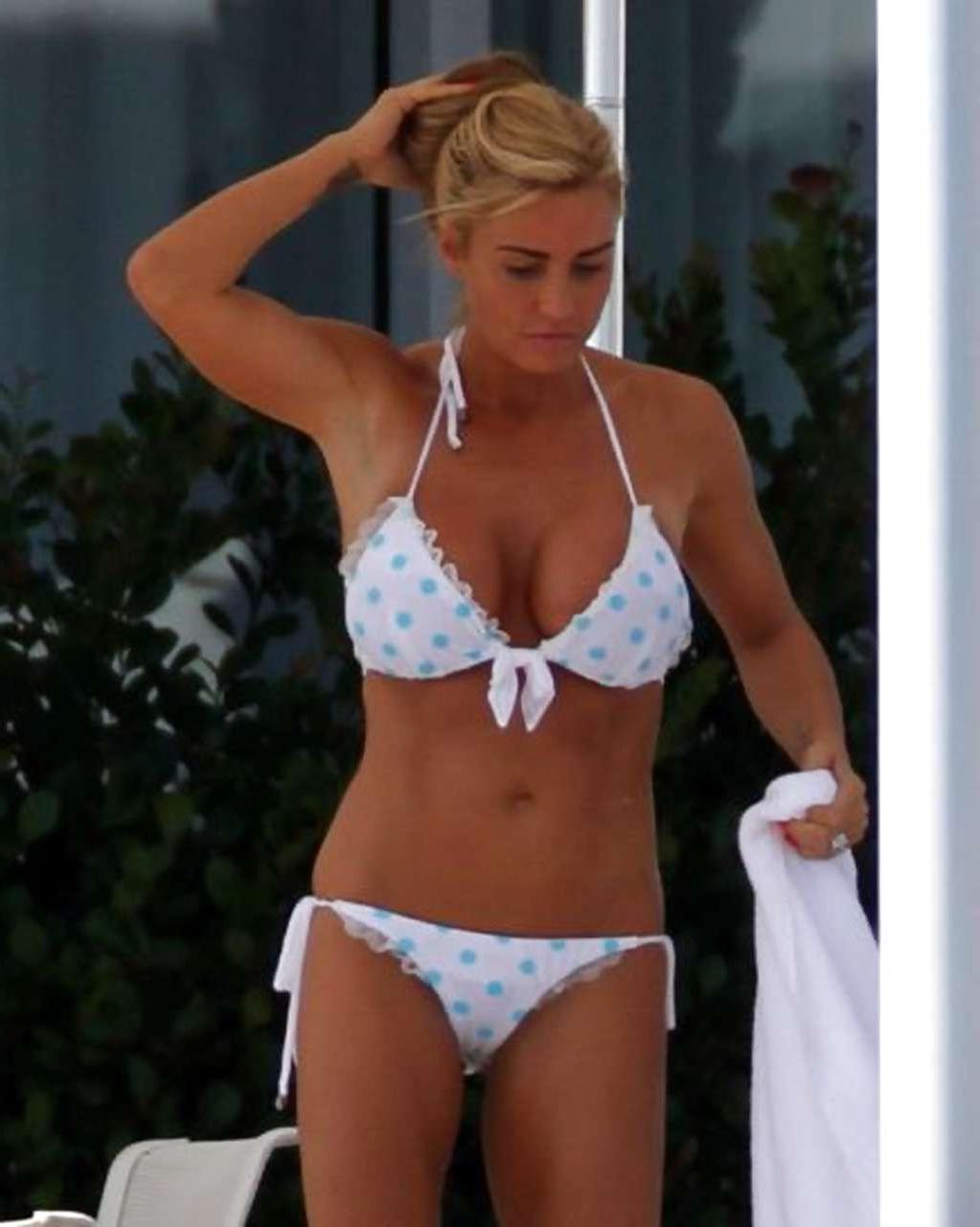 16P Katie Price showing big cleavage in see thru top and bikini posing