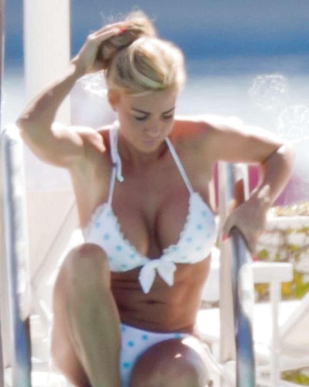 16P Katie Price showing big cleavage in see thru top and bikini posing