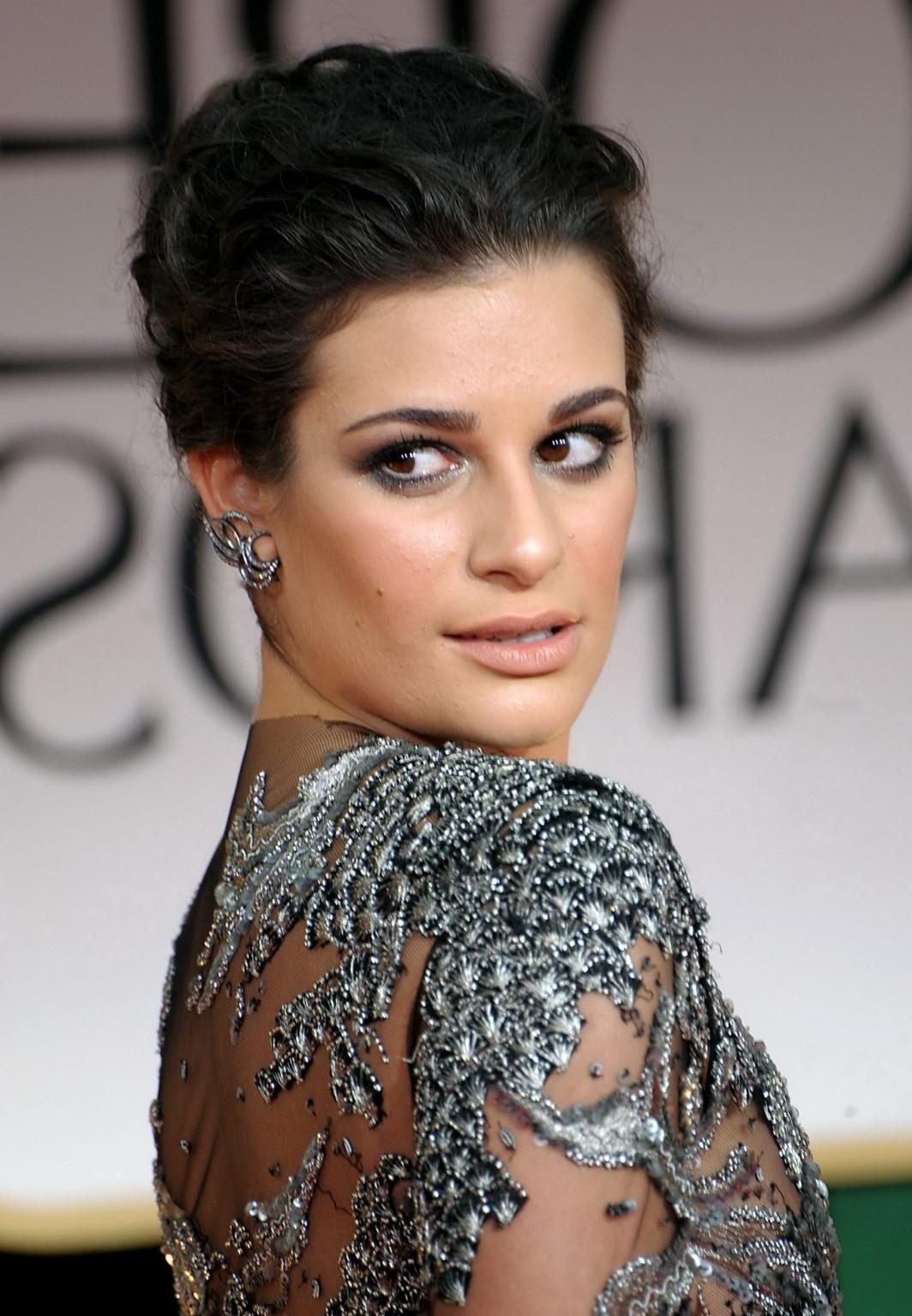 16P Lea Michele wearing see through lace dress at the Golden Globes 2012