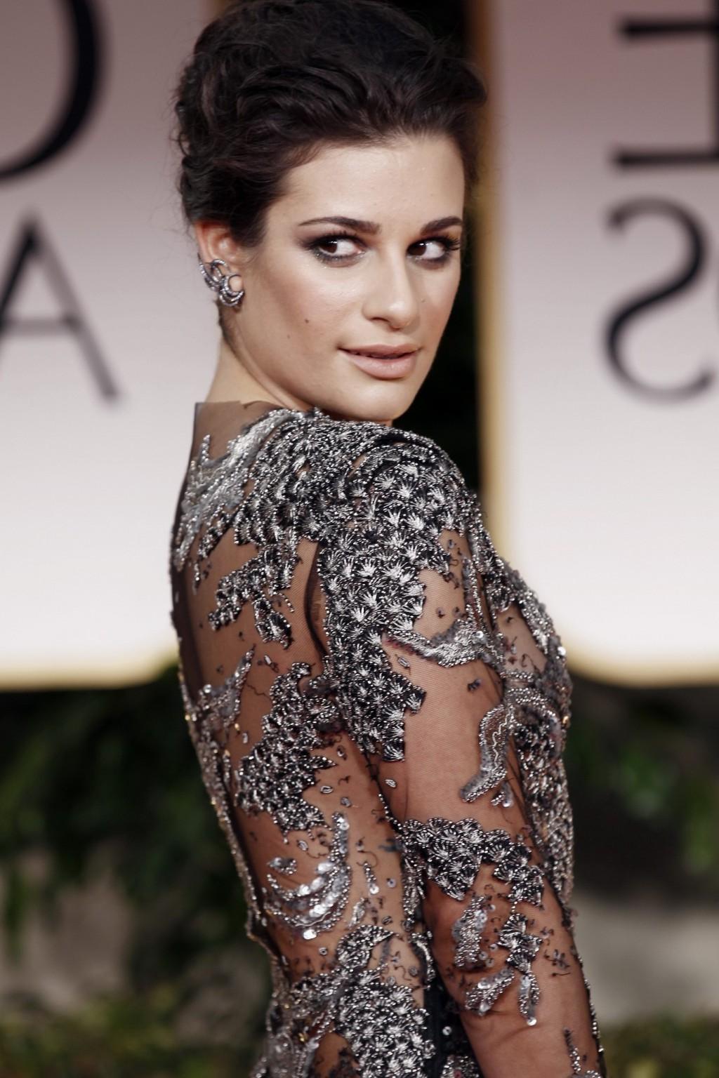 16P Lea Michele wearing see through lace dress at the Golden Globes 2012