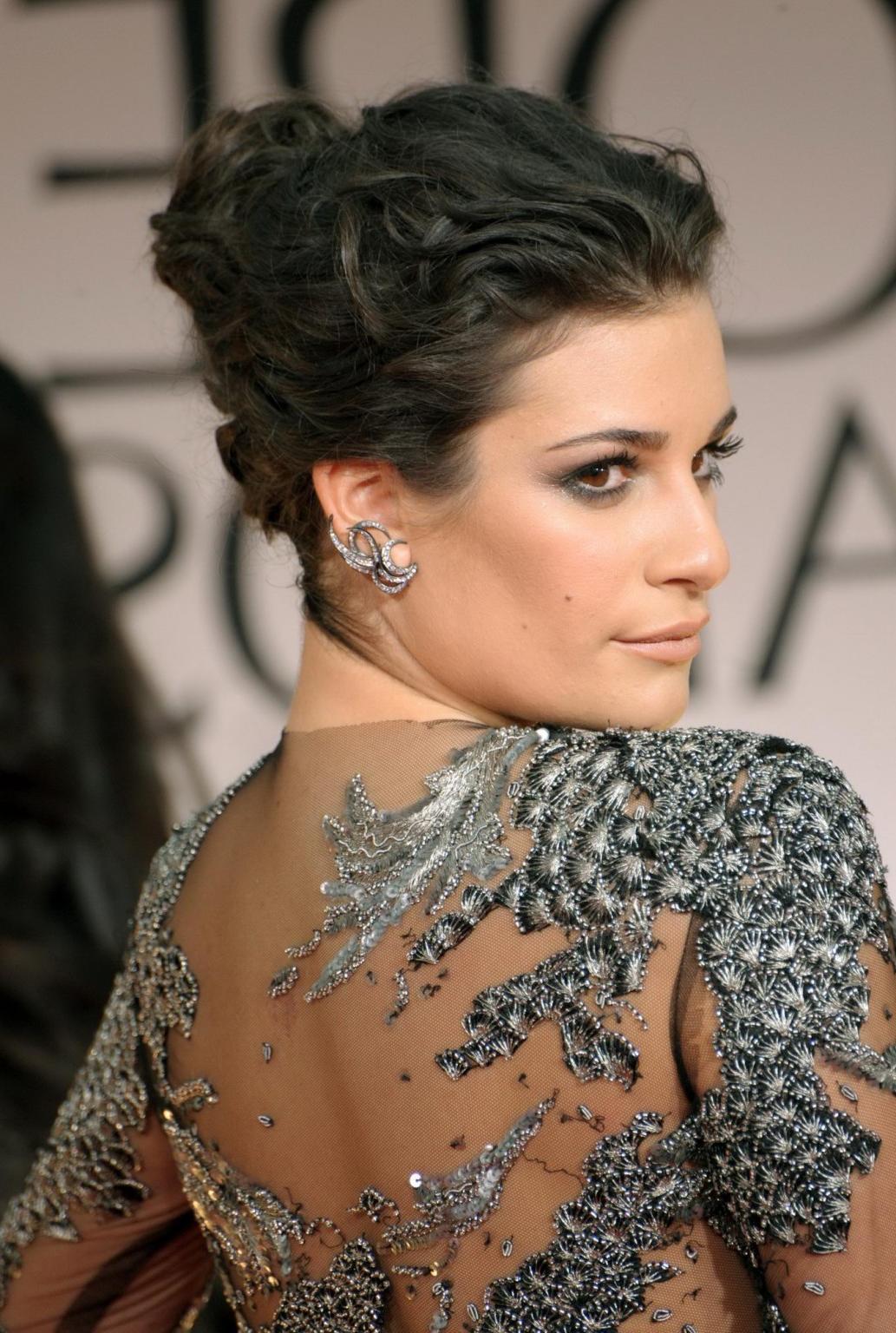16P Lea Michele wearing see through lace dress at the Golden Globes 2012