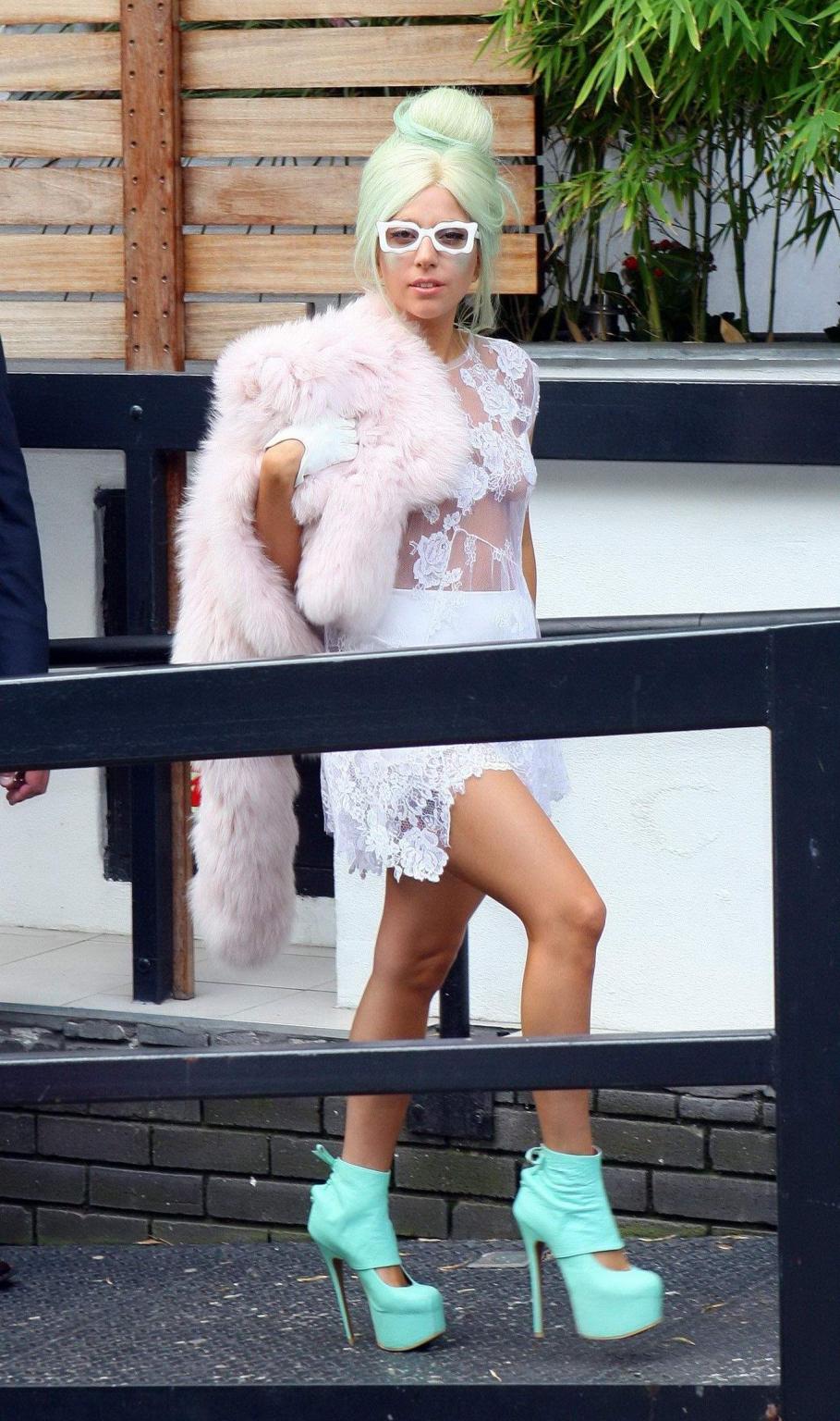 16P Lady Gaga braless in see-through lace dress heading to to ITV Studios in London