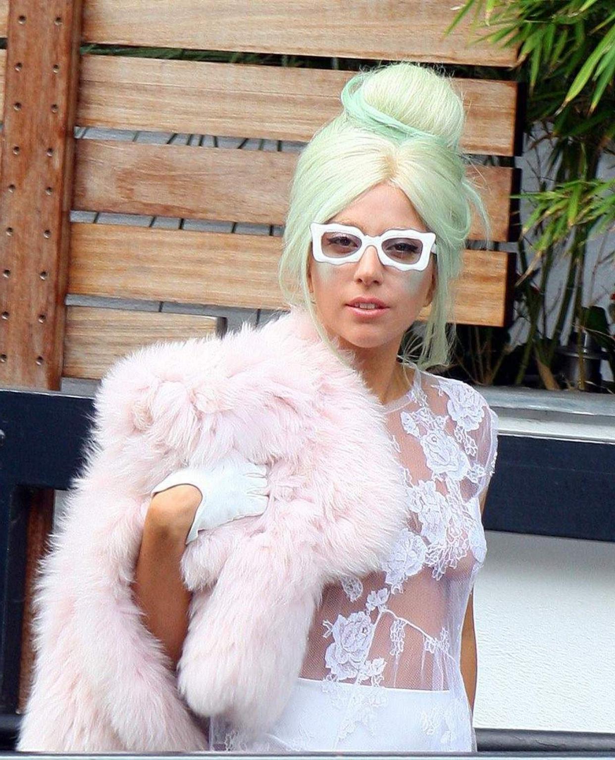 16P Lady Gaga braless in see-through lace dress heading to to ITV Studios in London