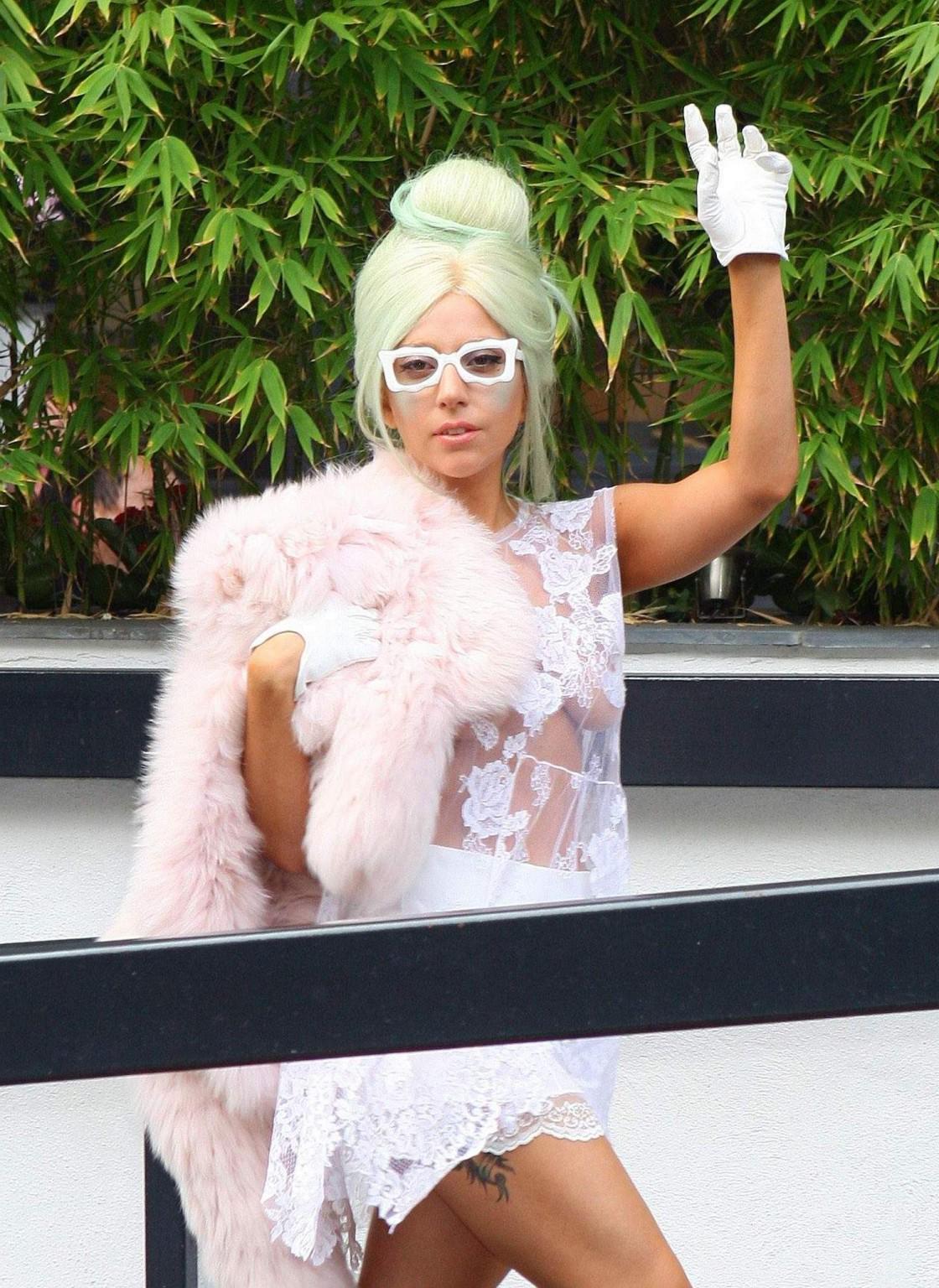 16P Lady Gaga braless in see-through lace dress heading to to ITV Studios in London
