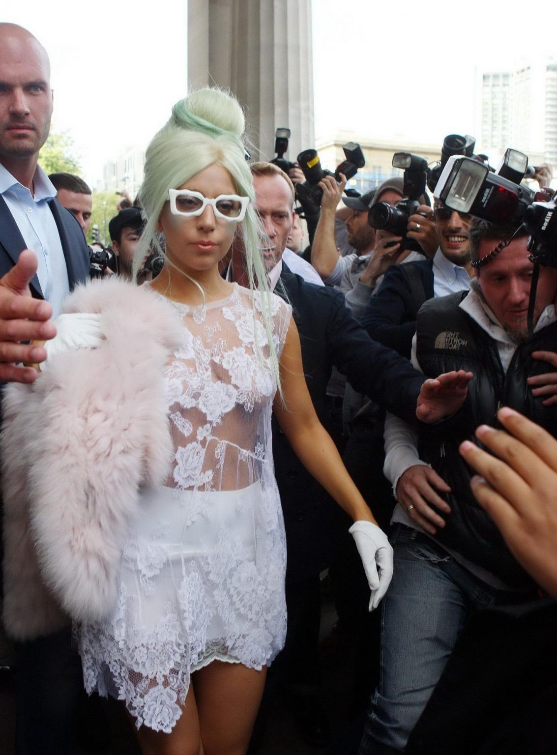 16P Lady Gaga braless in see-through lace dress heading to to ITV Studios in London