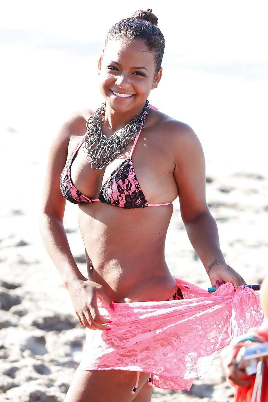 16P Christina Milian show big cleavage in bikini and tits and panties in see thru dr
