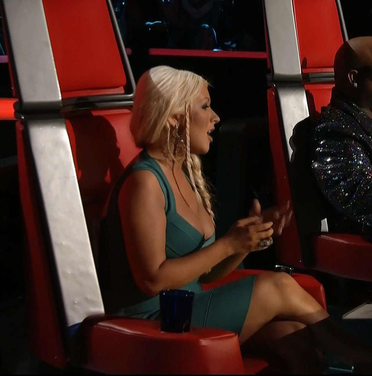 16P Christina Aguilera looking very busty and big cleavage in green dress