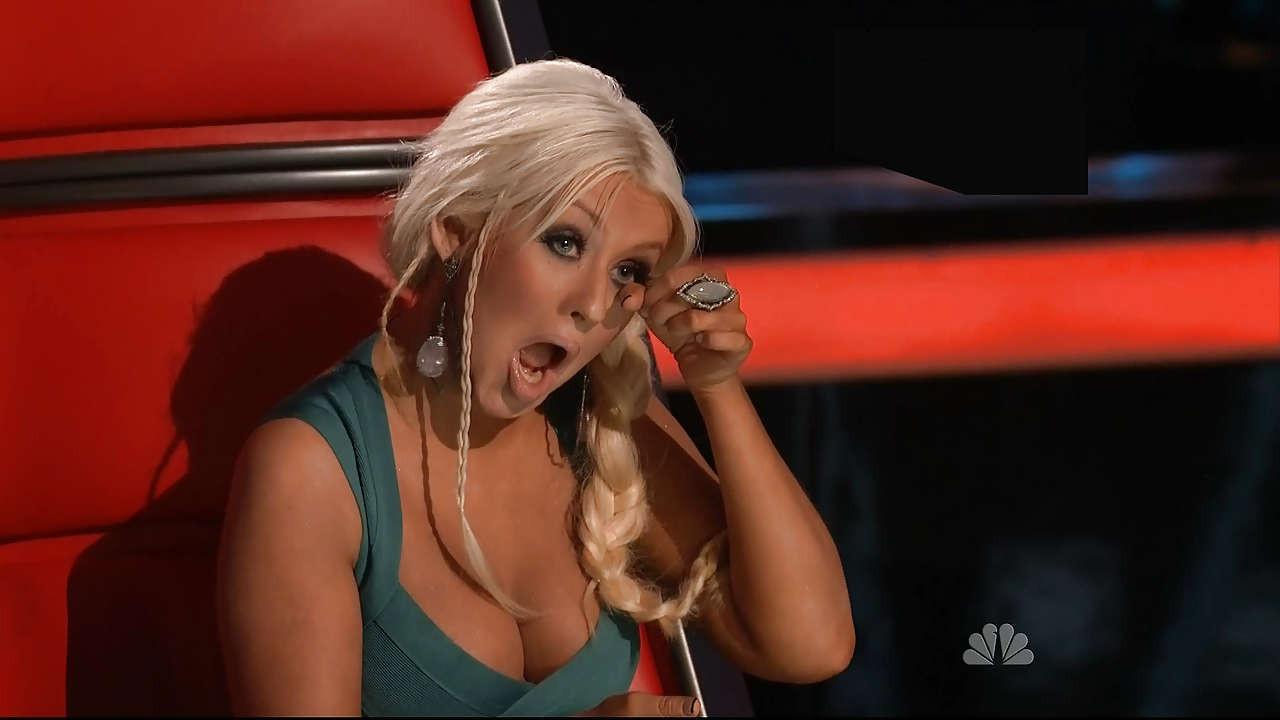 16P Christina Aguilera looking very busty and big cleavage in green dress