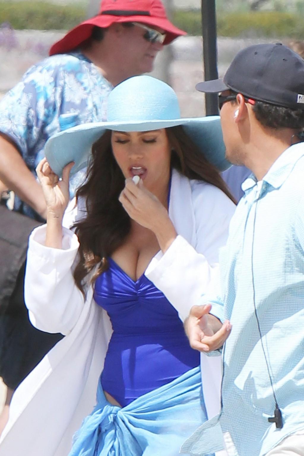 16P Sofia Vergara showing off ass  cleavage in blue thong swimsuit for Pepsi promo s