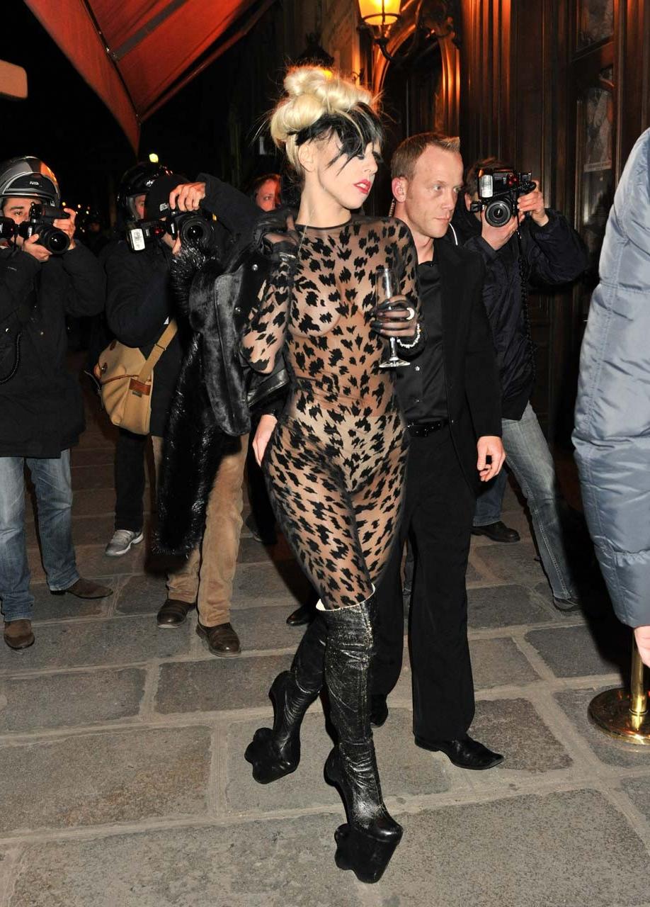10P Lady Gaga showing her great tits in leopard print see thru outfit paparazzi pict