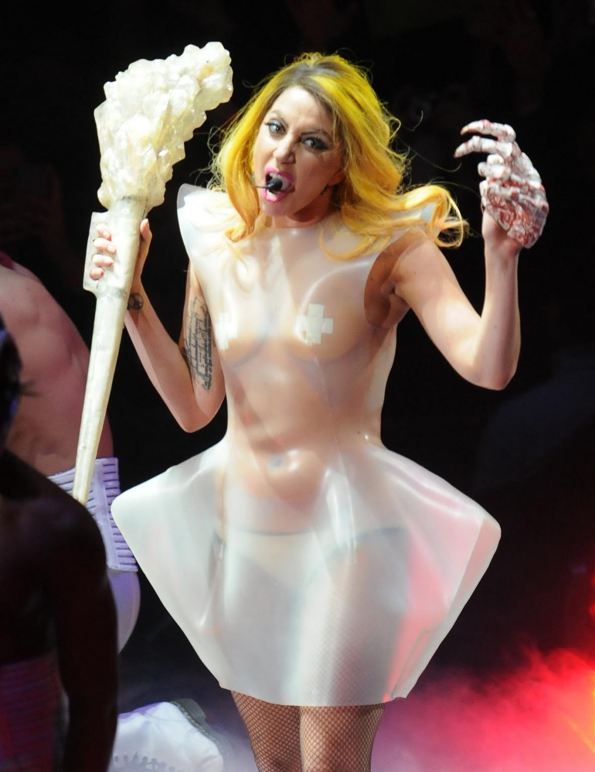 16P Lady Gaga in see through outfit with taped nipples performing at the 02 Arena in