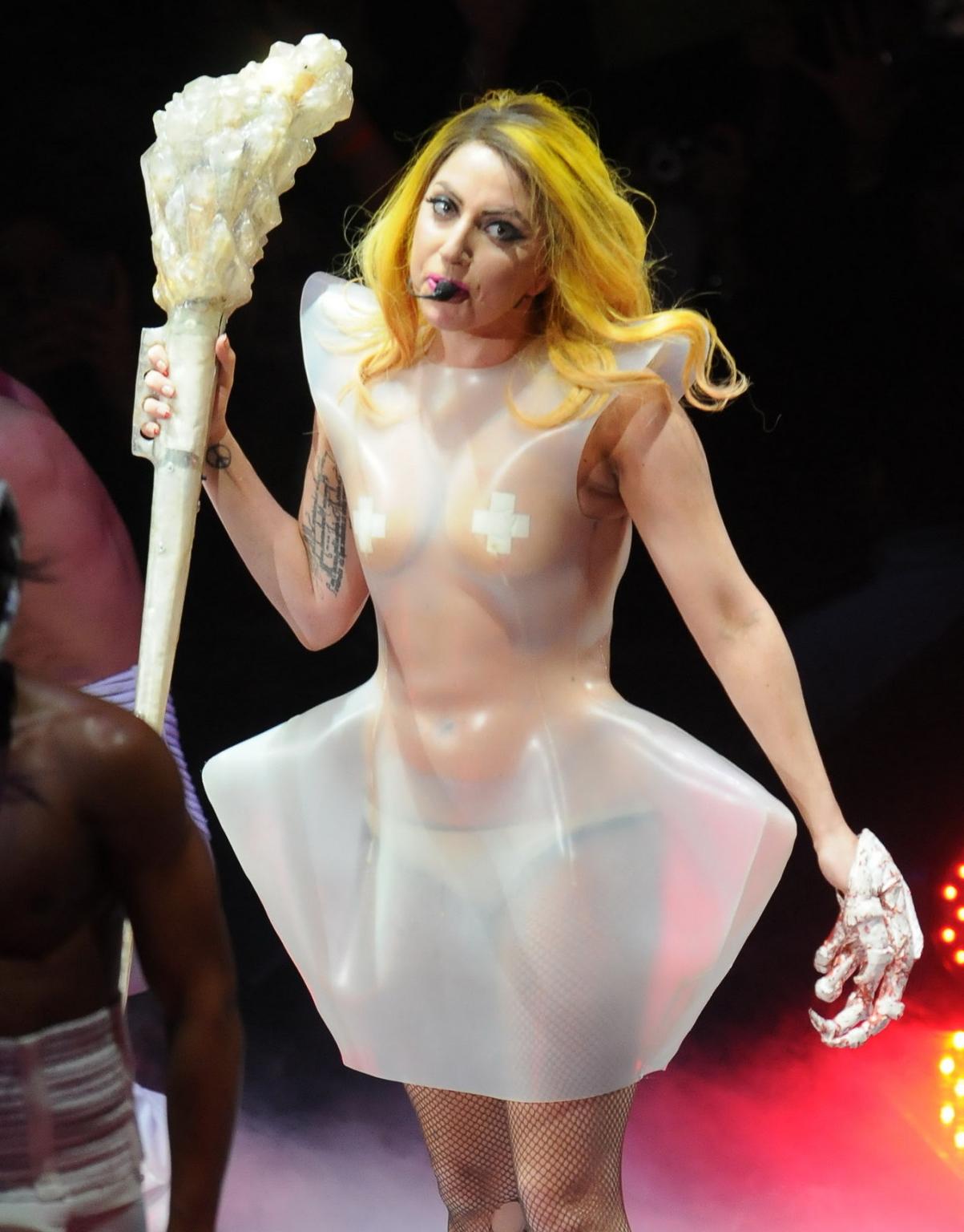 16P Lady Gaga in see through outfit with taped nipples performing at the 02 Arena in
