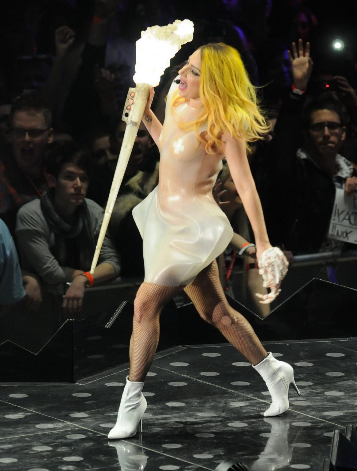 16P Lady Gaga in see through outfit with taped nipples performing at the 02 Arena in