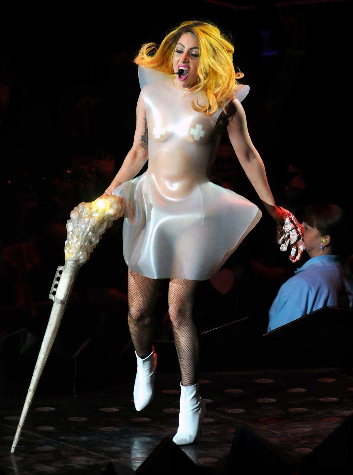 16P Lady Gaga in see through outfit with taped nipples performing at the 02 Arena in