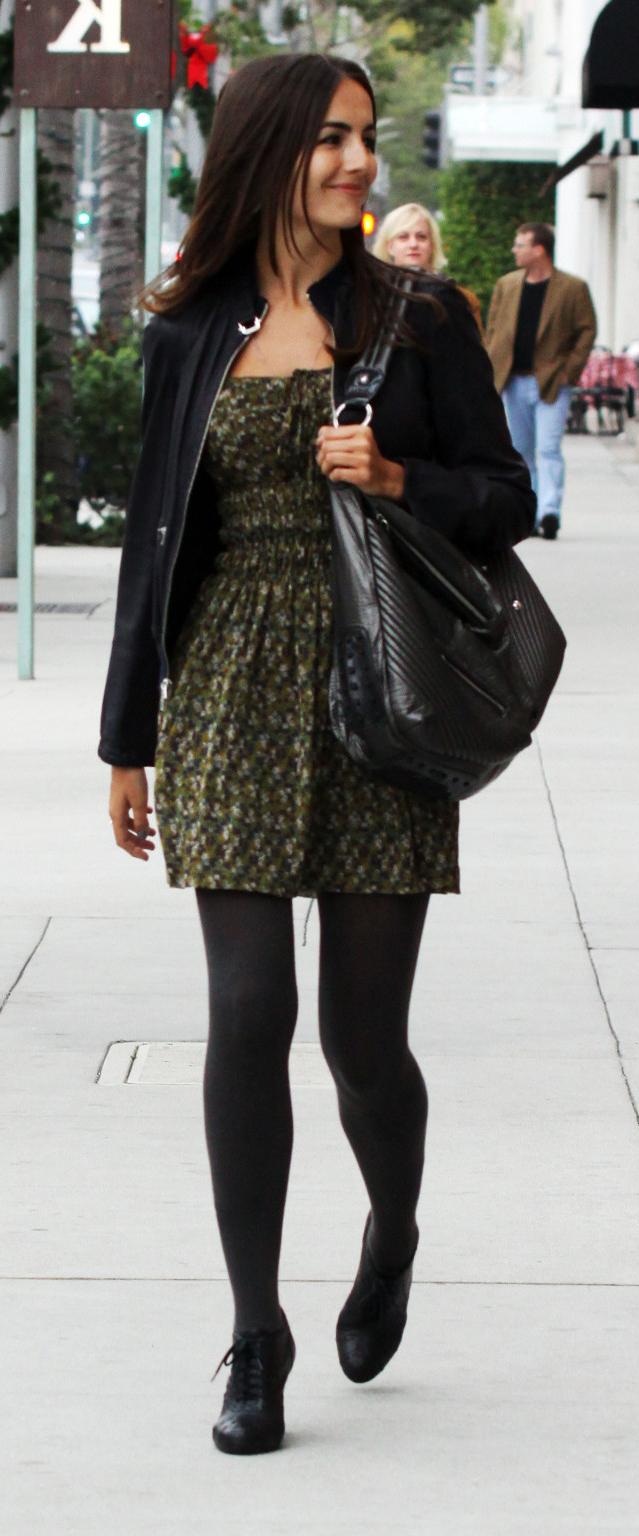 16P Camilla Belle leggy in pantyhose  mini dress leaving the E Baldi Restaurant in B