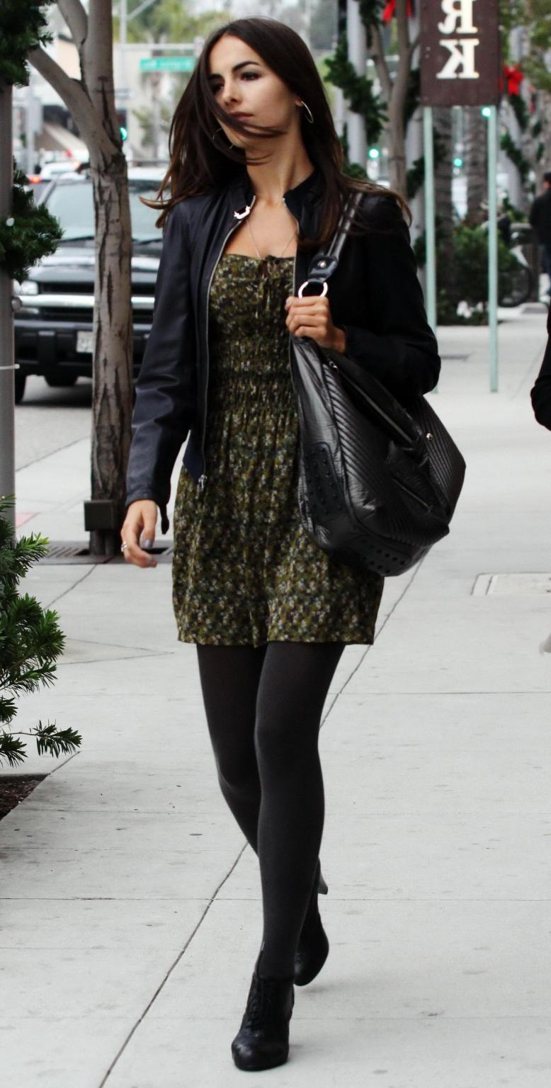 16P Camilla Belle leggy in pantyhose  mini dress leaving the E Baldi Restaurant in B