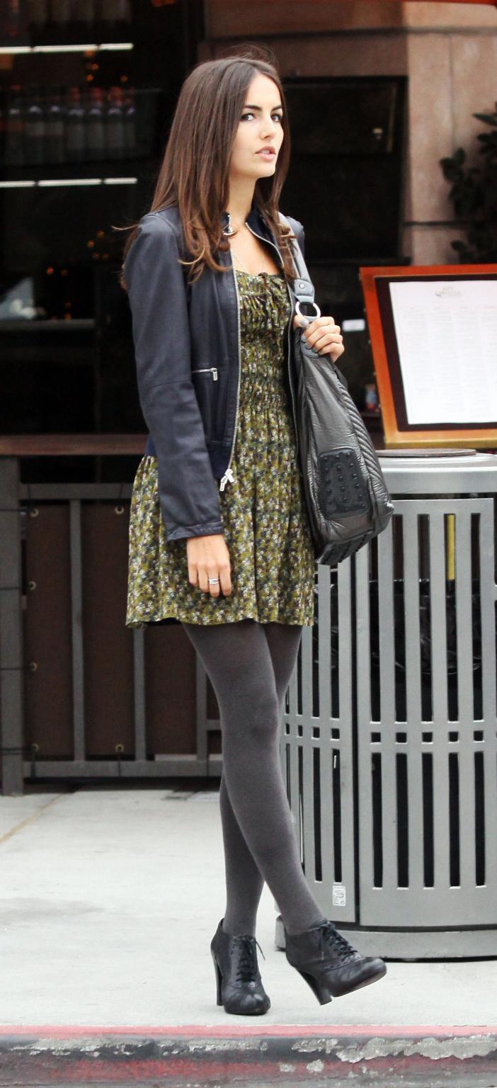 16P Camilla Belle leggy in pantyhose  mini dress leaving the E Baldi Restaurant in B