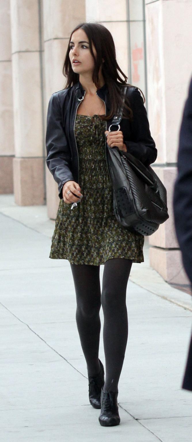 16P Camilla Belle leggy in pantyhose  mini dress leaving the E Baldi Restaurant in B