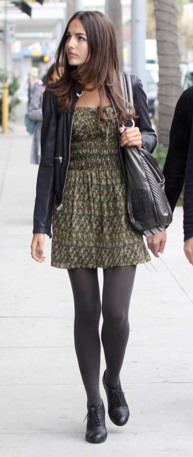 16P Camilla Belle leggy in pantyhose  mini dress leaving the E Baldi Restaurant in B