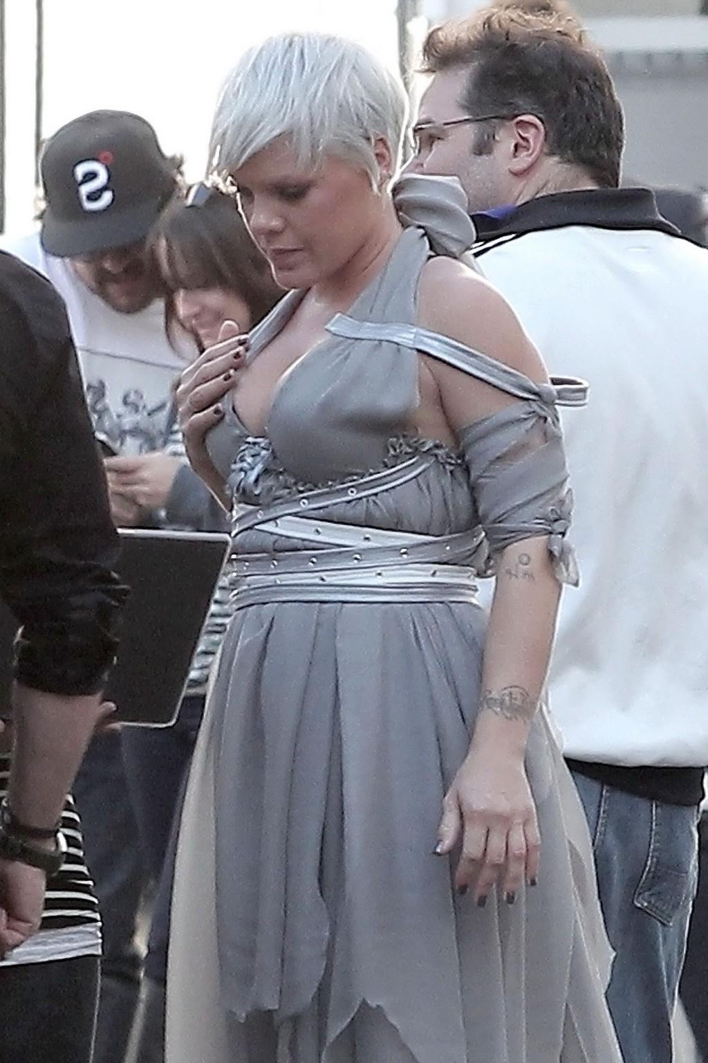 16P Pink showing huge cleavage on the music video set in LA