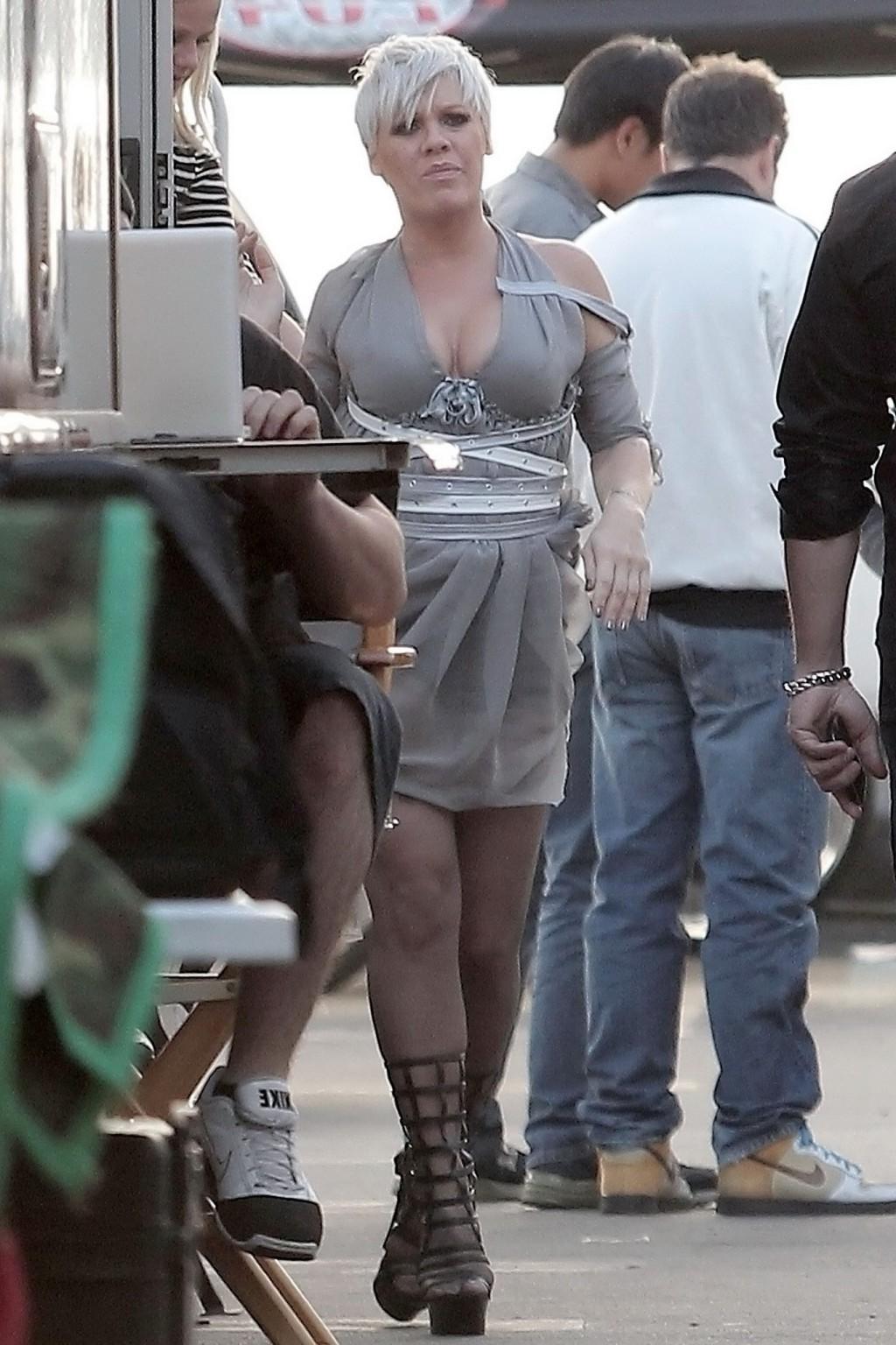 16P Pink showing huge cleavage on the music video set in LA