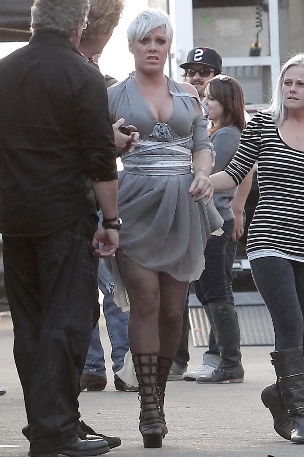 16P Pink showing huge cleavage on the music video set in LA