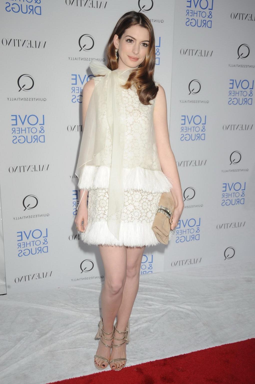 16P Anne Hathaway leggy in little white lace dress at 'Love  Other Drugs' screening 