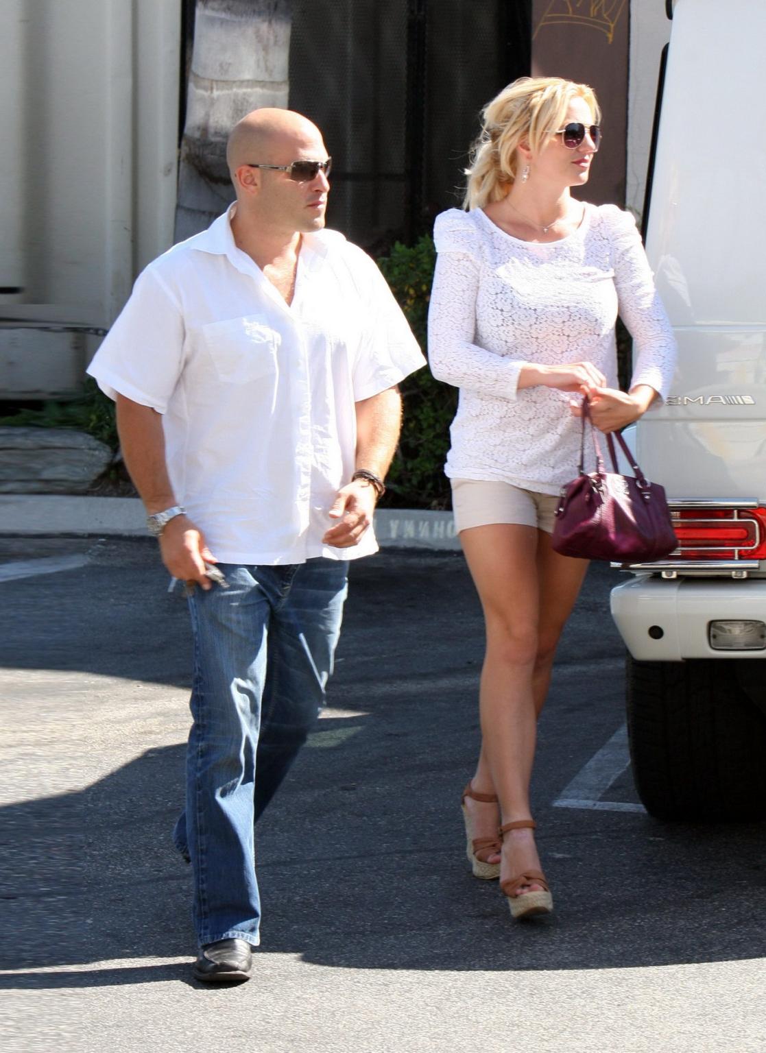 16P Britney Spears leggy wearing shorts  black bra under lace top in LA