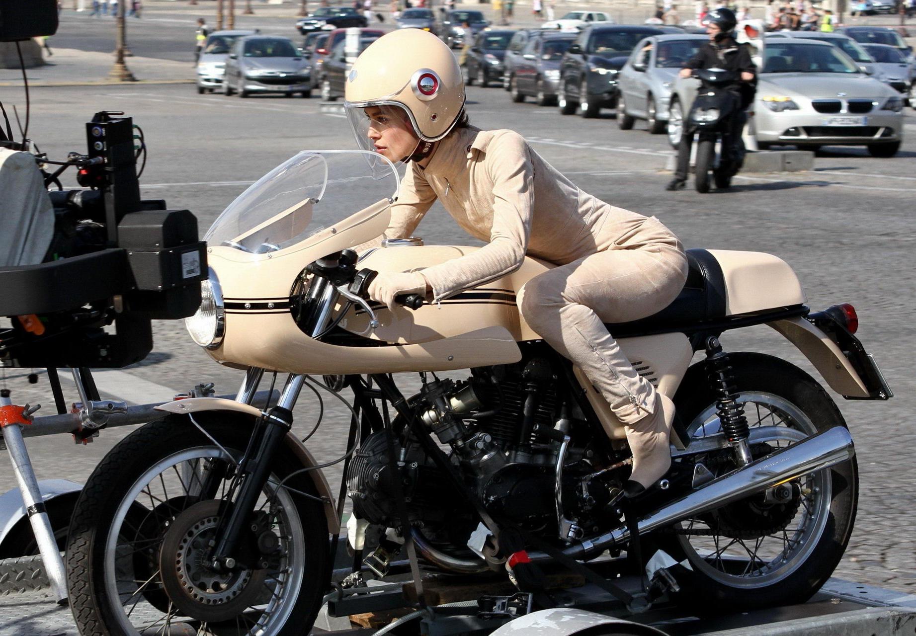 16P Keira Knightley in tight retro motorcycle suit shooting a commercial in Paris