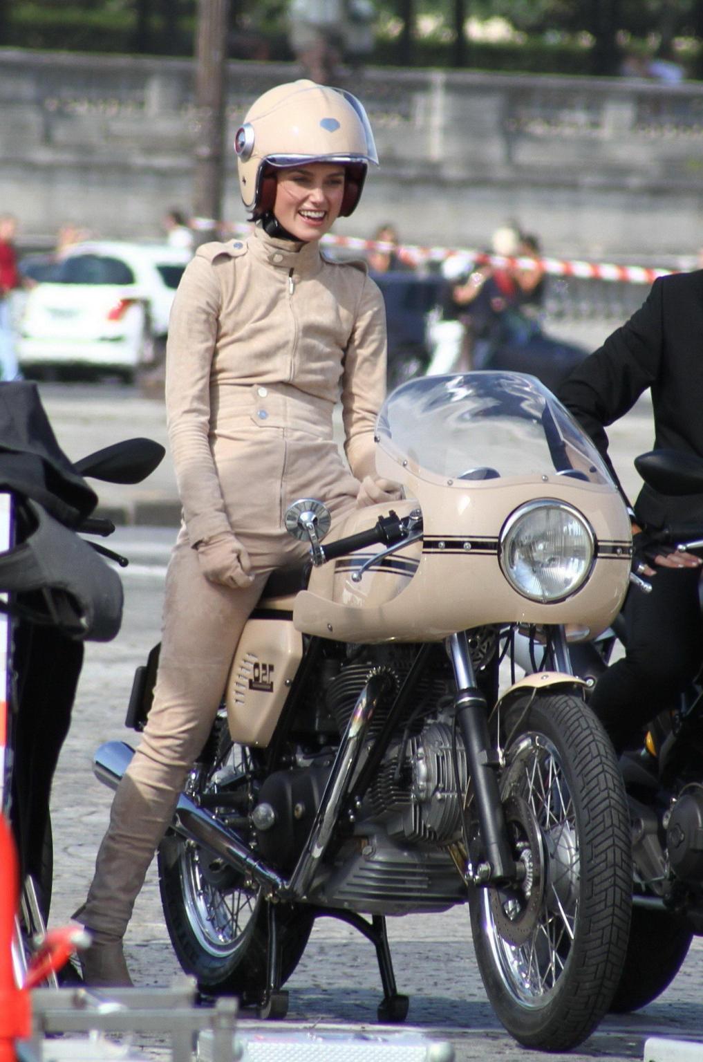 16P Keira Knightley in tight retro motorcycle suit shooting a commercial in Paris