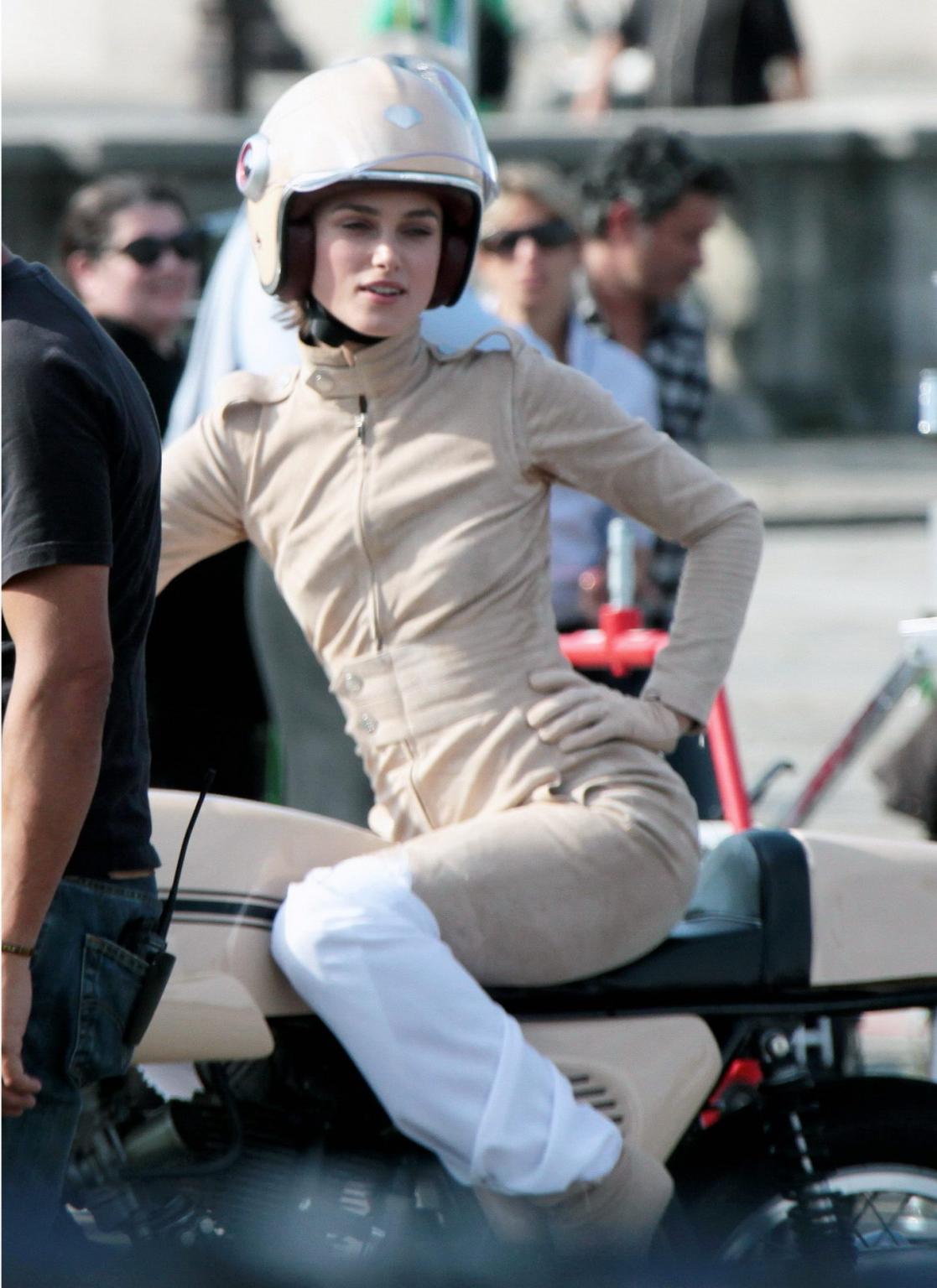 16P Keira Knightley in tight retro motorcycle suit shooting a commercial in Paris