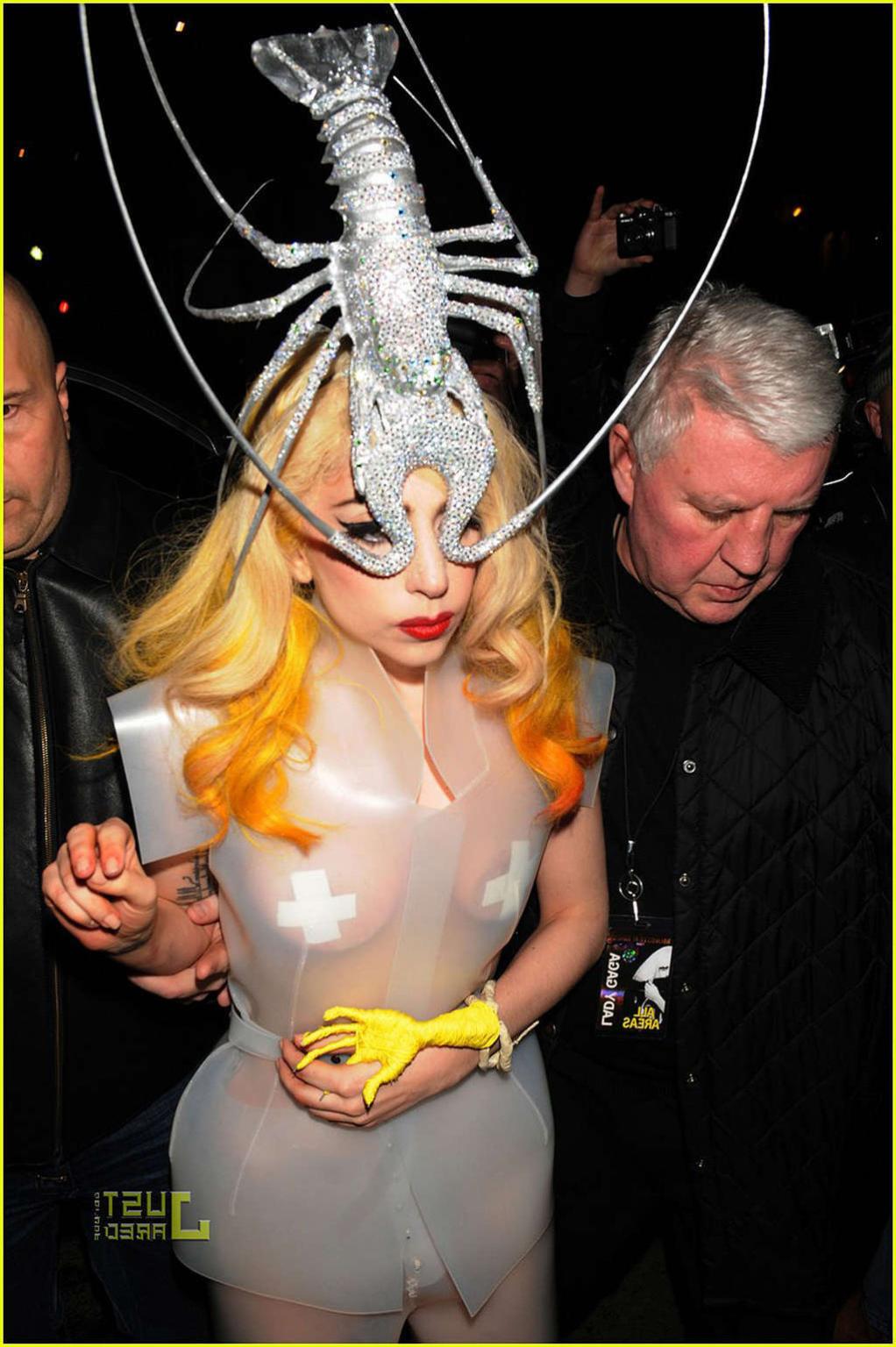 16P Lady Gaga showing her tits and thong in see thru dress