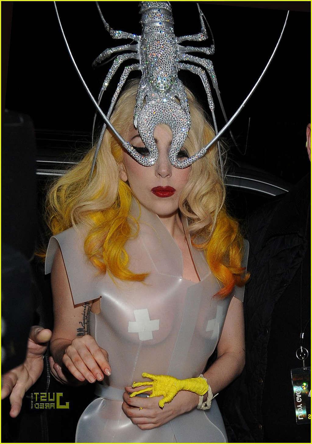 16P Lady Gaga showing her tits and thong in see thru dress