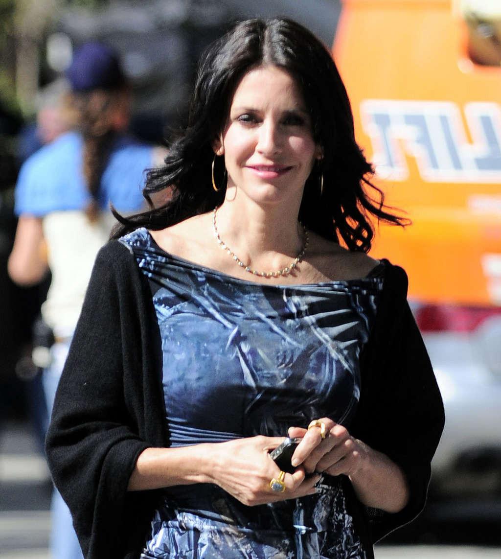 16P Courteney Cox very leggy in mini skirt and tits slip in water