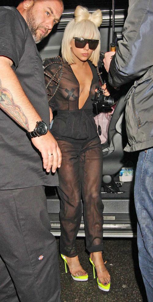16P Lady Gaga showing her nice tits in see thru dress and upskirt paparazzi pictures