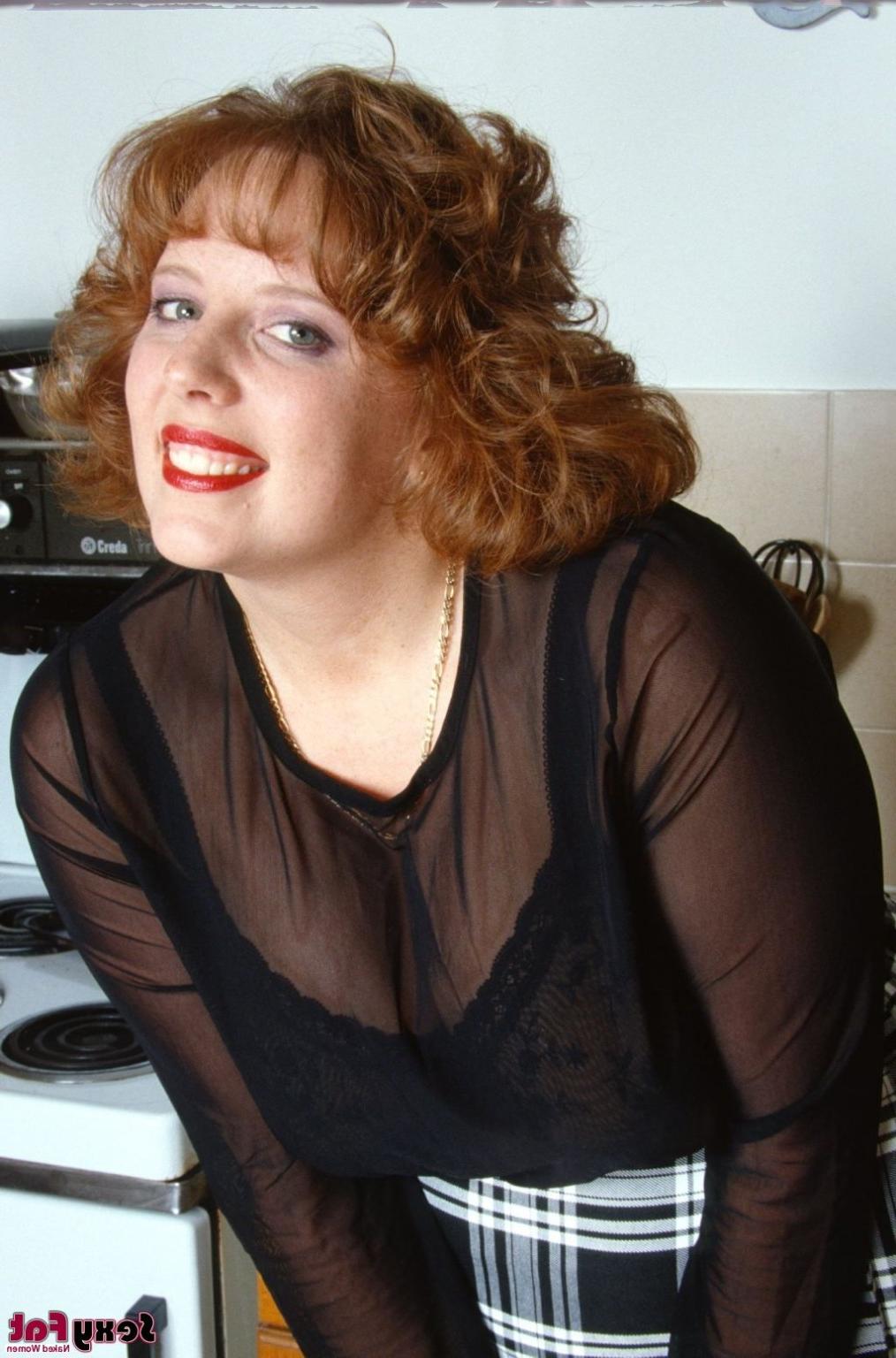 16P Redhead Plumper in Stockings Toying in the Kitchen
