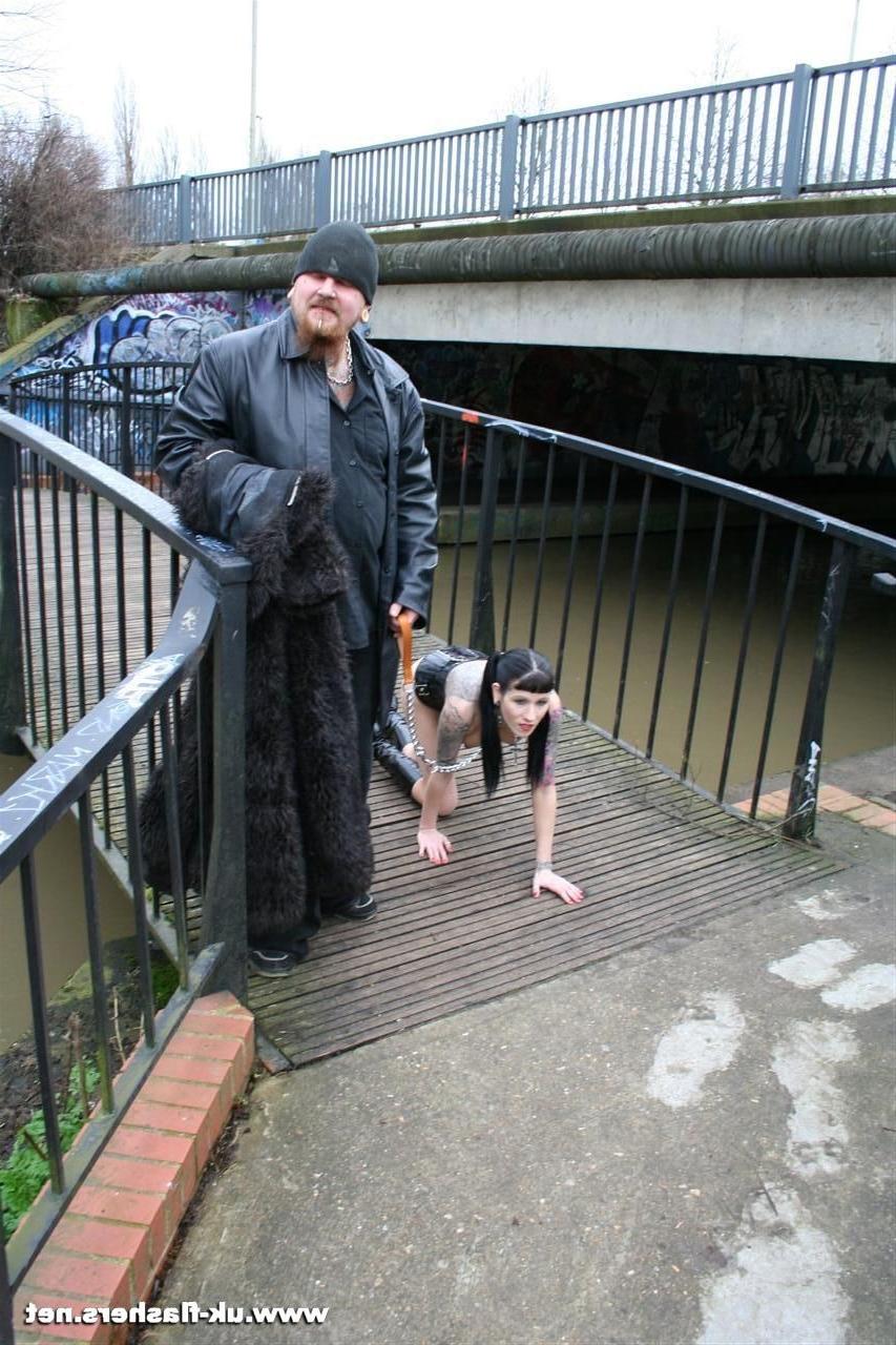 16P Goth babe Thorn in kinky outdoor fetish walked on a leash and displayed nude to 