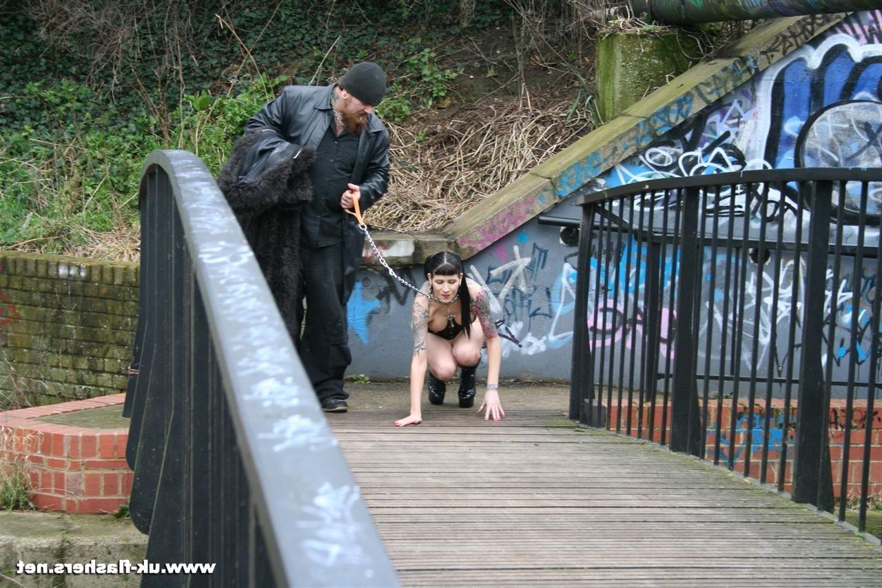 16P Goth babe Thorn in kinky outdoor fetish walked on a leash and displayed nude to 
