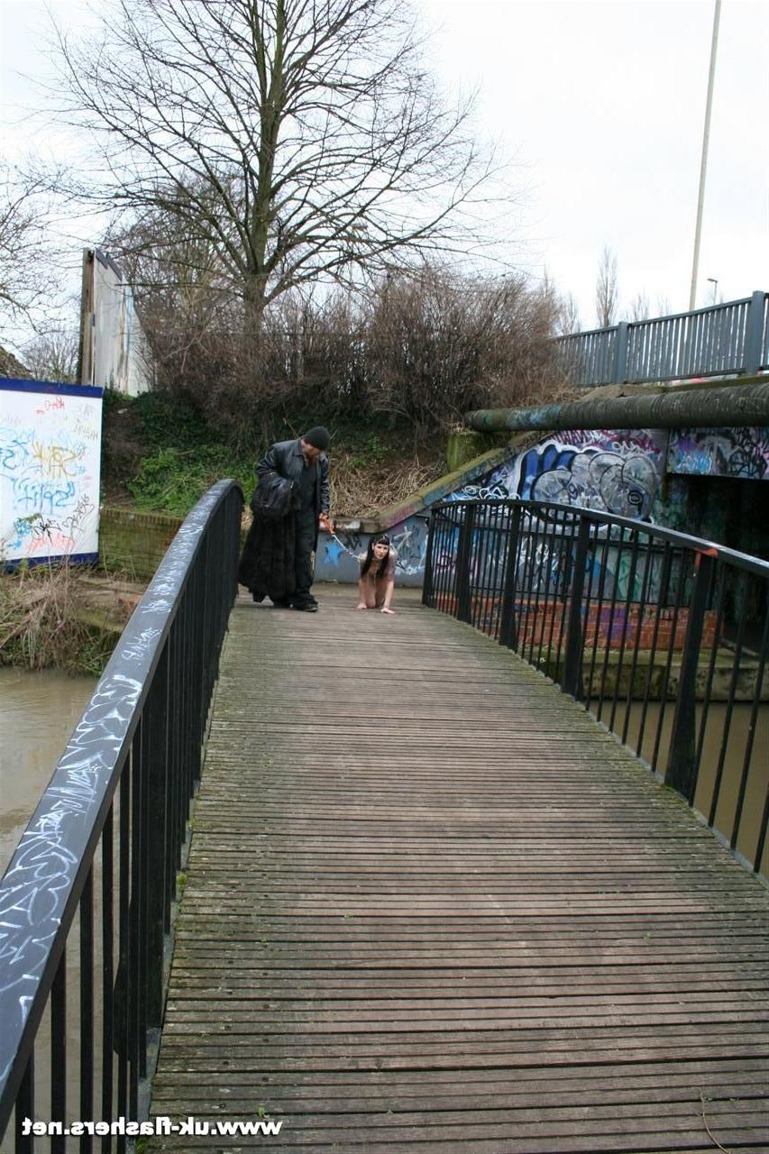 16P Goth babe Thorn in kinky outdoor fetish walked on a leash and displayed nude to 