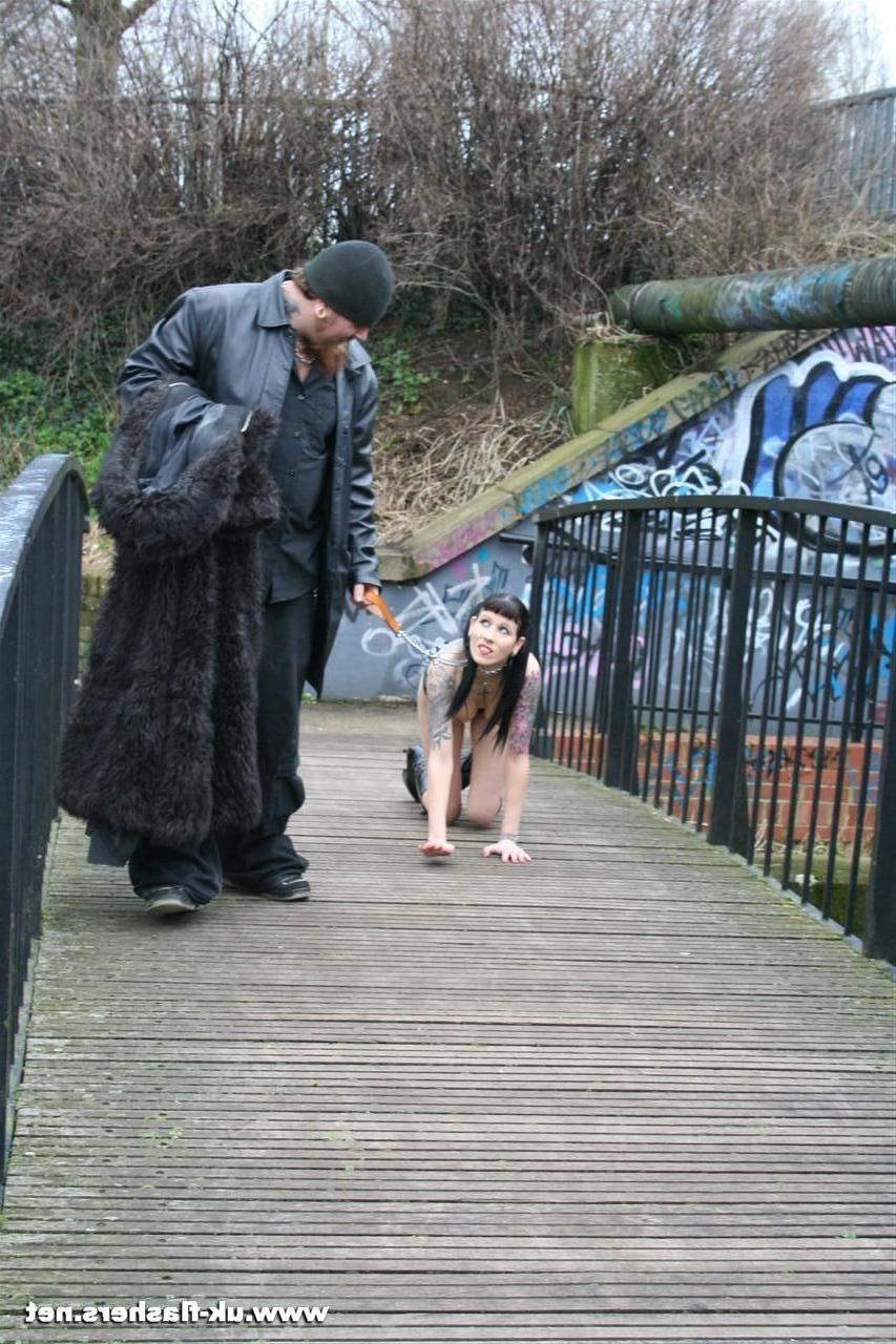 16P Goth babe Thorn in kinky outdoor fetish walked on a leash and displayed nude to 