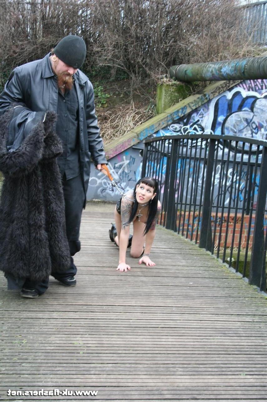 16P Goth babe Thorn in kinky outdoor fetish walked on a leash and displayed nude to 