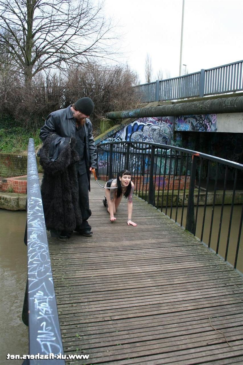 16P Goth babe Thorn in kinky outdoor fetish walked on a leash and displayed nude to 
