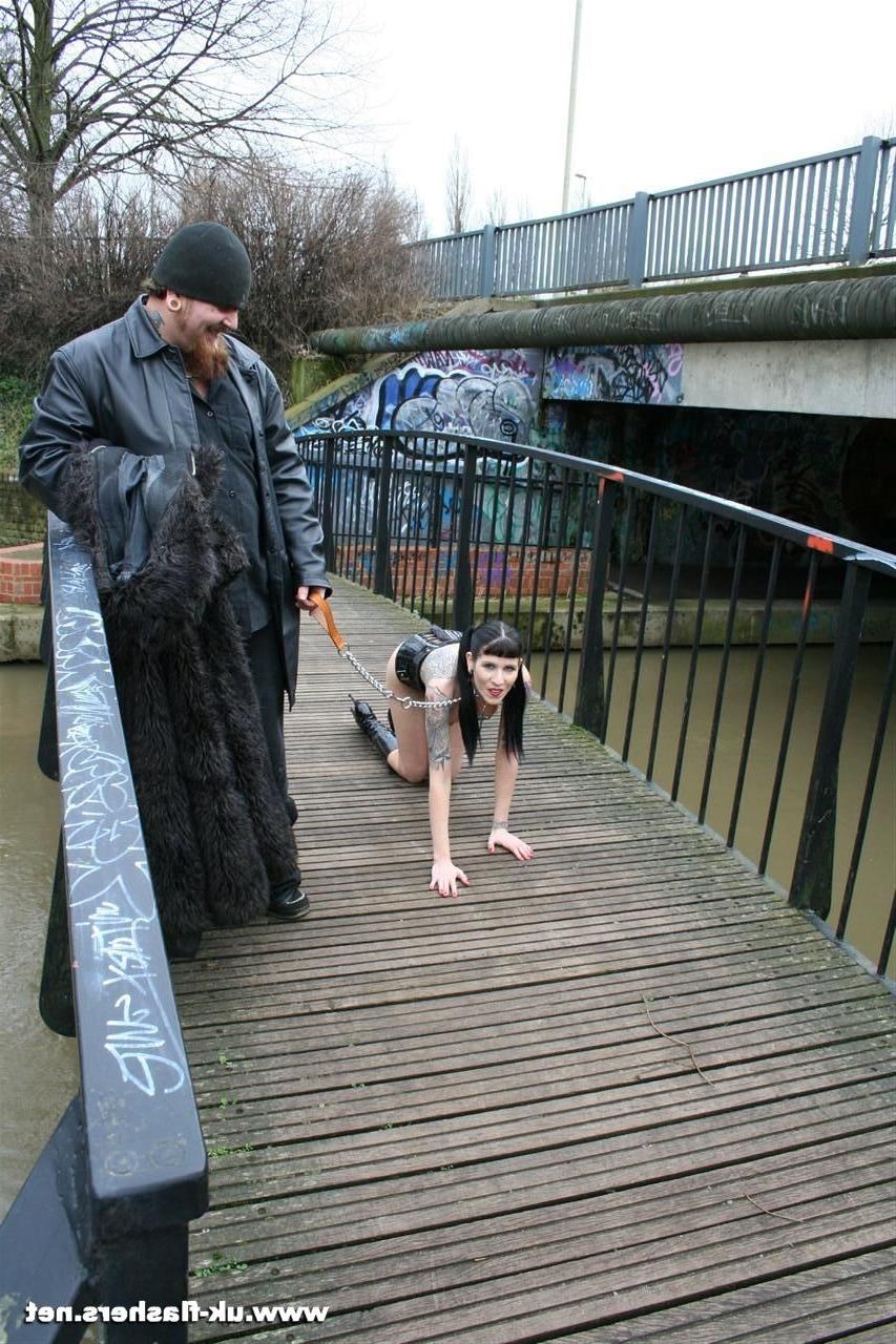 16P Goth babe Thorn in kinky outdoor fetish walked on a leash and displayed nude to 
