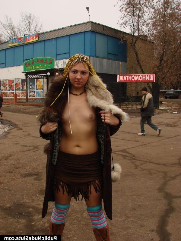 15P Perky blonde displays her goodies walking in public only in overcoat