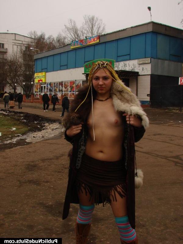 15P Perky blonde displays her goodies walking in public only in overcoat