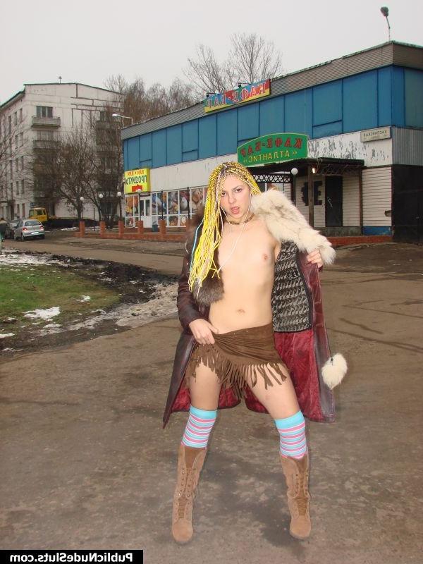 15P Perky blonde displays her goodies walking in public only in overcoat
