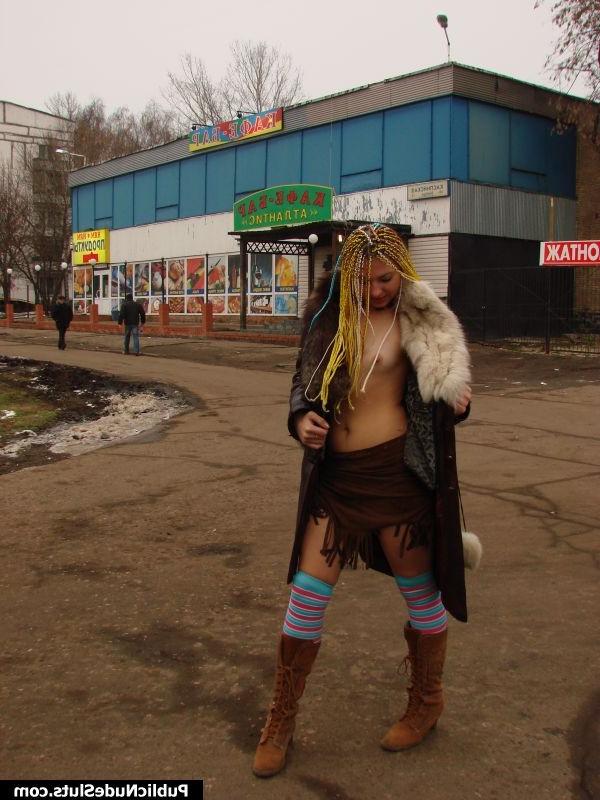 15P Perky blonde displays her goodies walking in public only in overcoat